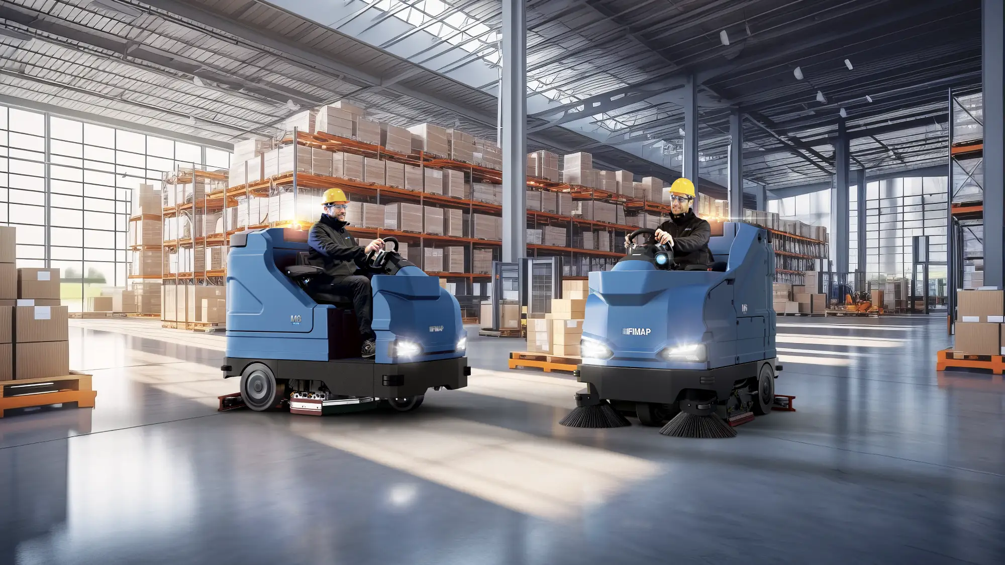 Two Fimap ride-on machines cleaning a warehouse floor between pallet racks