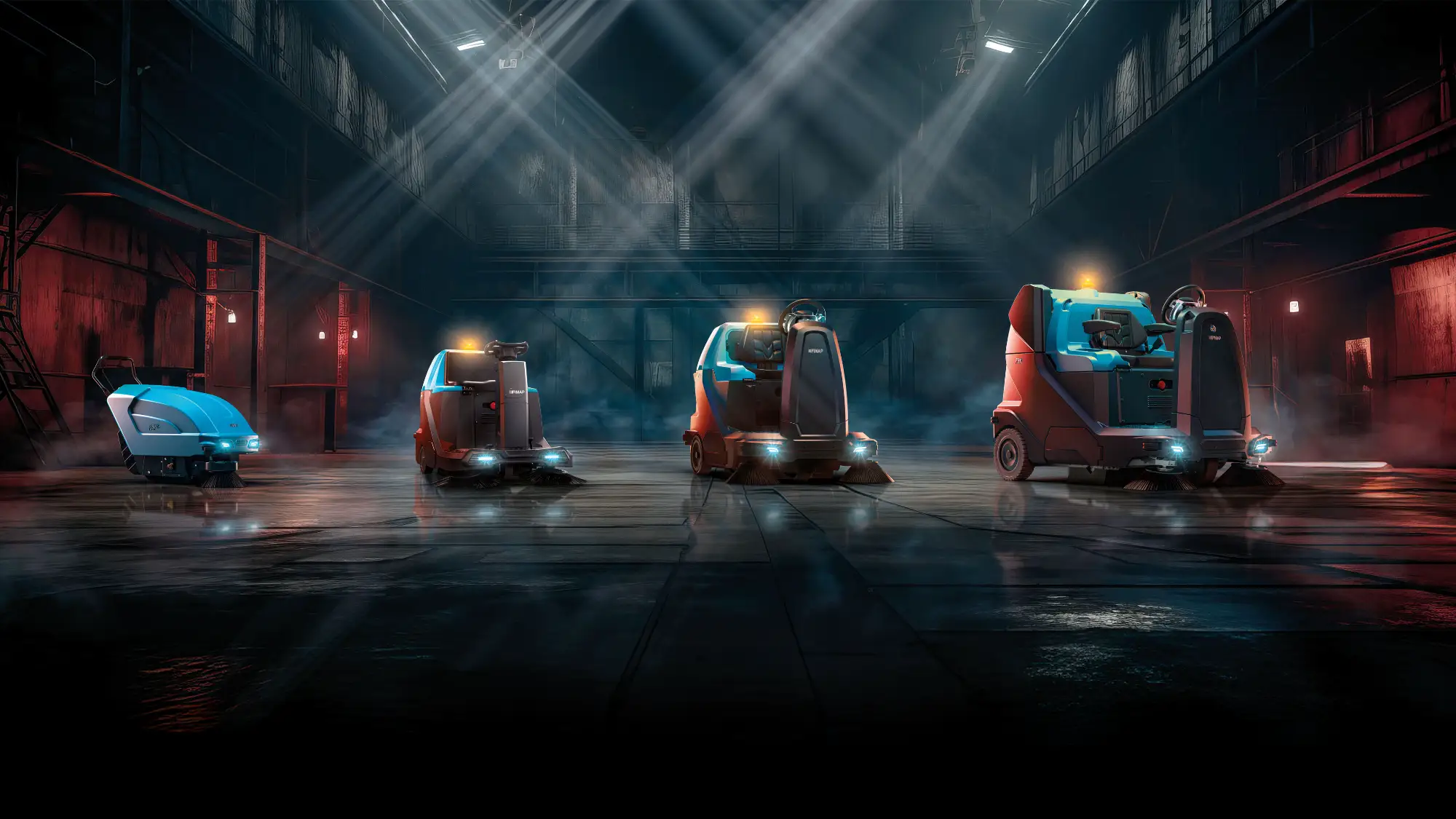 Four Fimap sweepers, from walk-behind to large ride-on, in an industrial hall